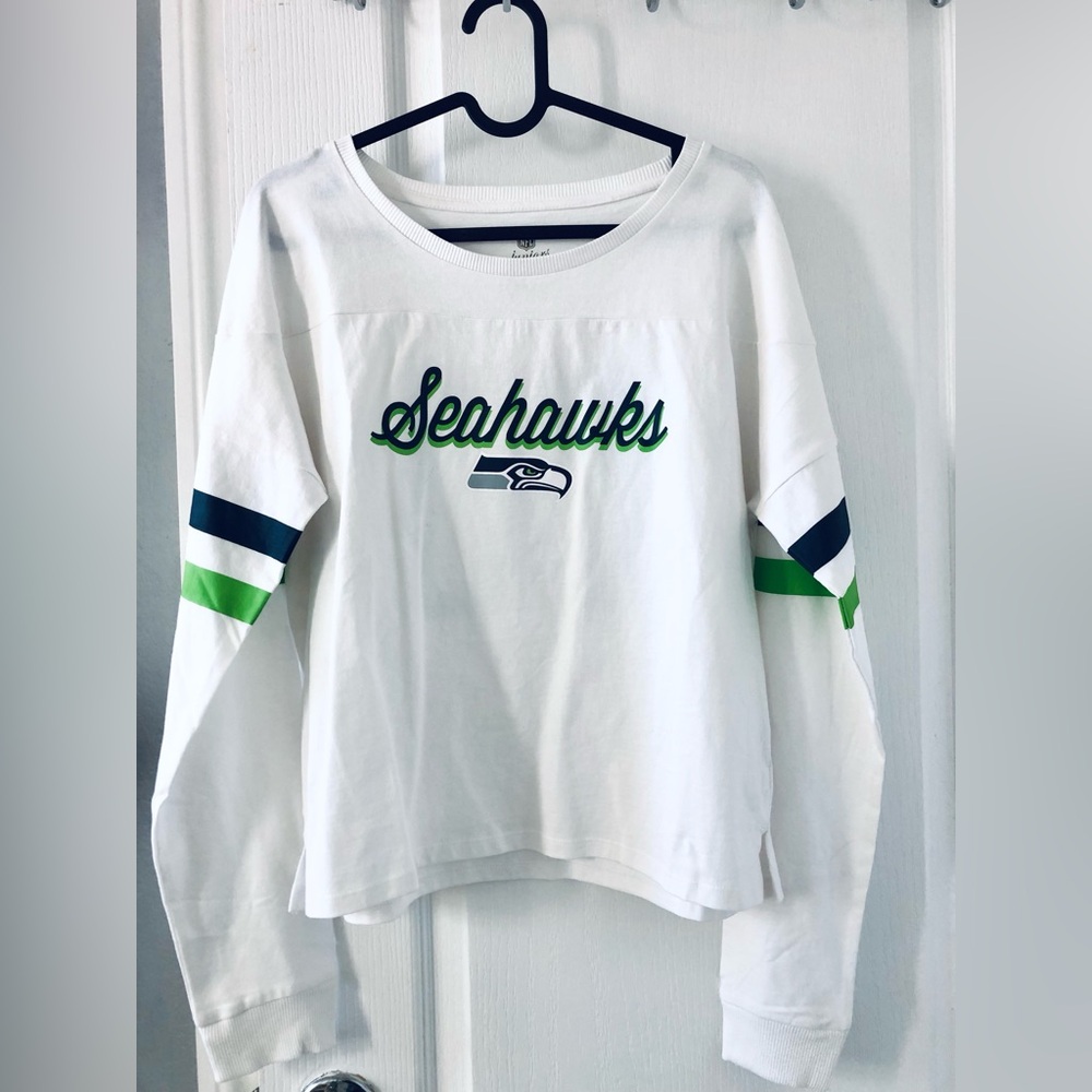 NWOT NFL Apparel Seattle Seahawks White Long Sleeve Shirt. Juniors Collection.